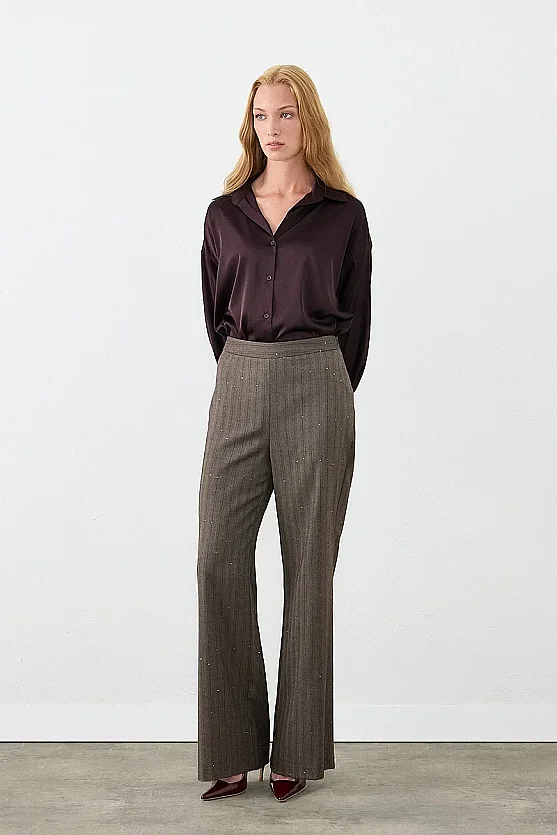 Herringbone Sequin Flared Trousers - Brown - 1