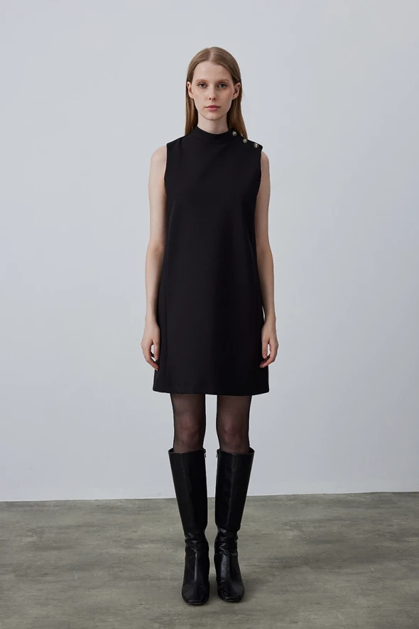 High Collar Sleeveless Pinafore Dress - Black - 1