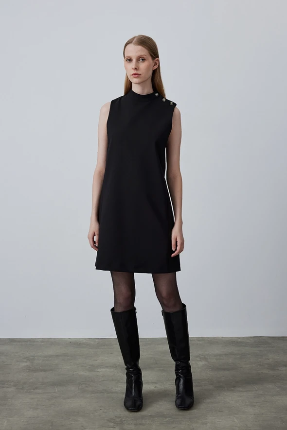 High Collar Sleeveless Pinafore Dress - Black - 2