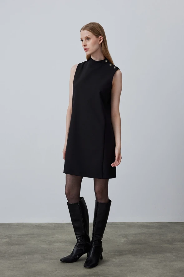 High Collar Sleeveless Pinafore Dress - Black - 3