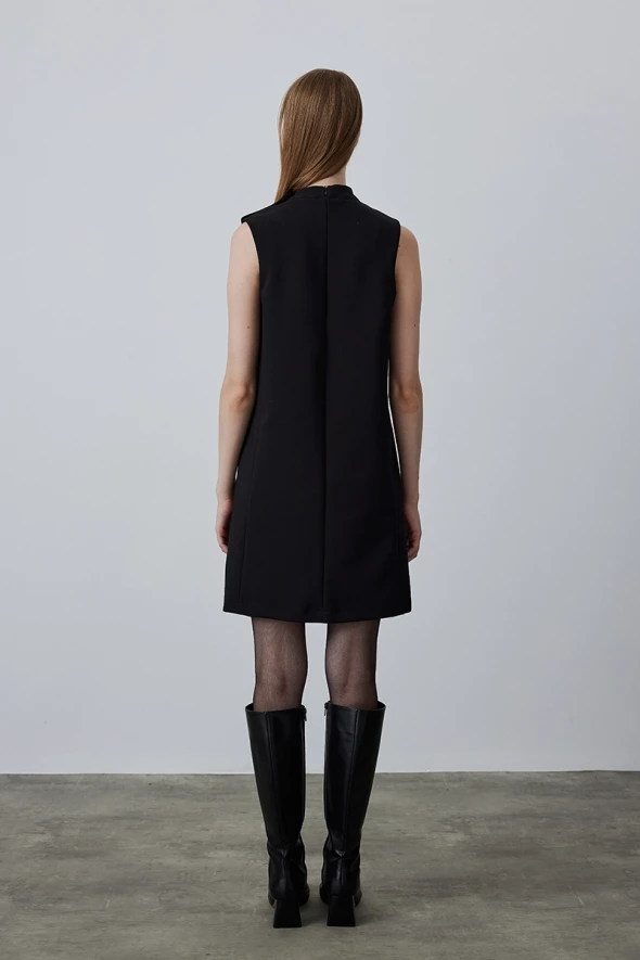 High Collar Sleeveless Pinafore Dress - Black - 6