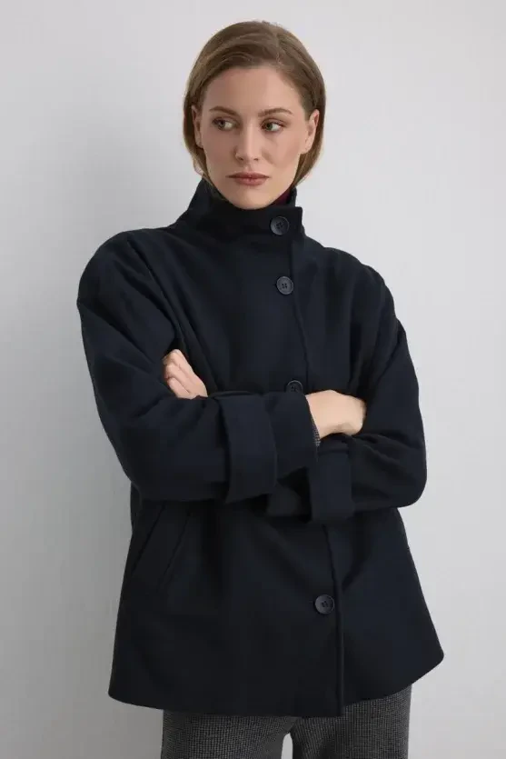 High-Collar Wool Coat - Navy - 6