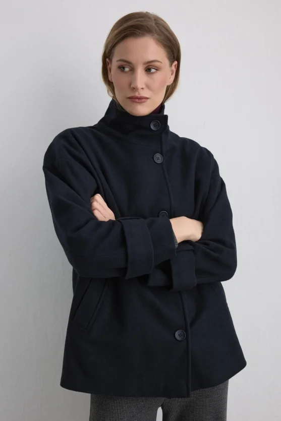 High Collar Wool Coat Navy - 6