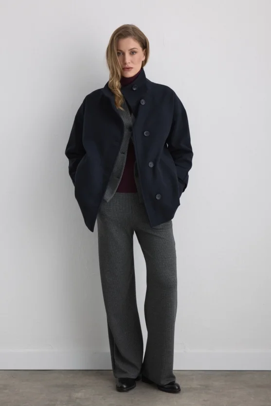 High Collar Wool Coat Navy - Gusto