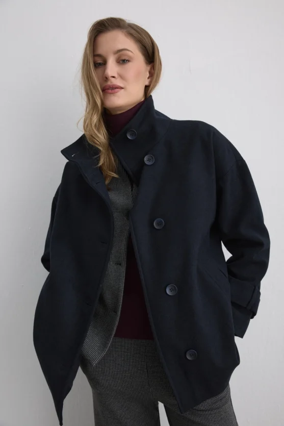 High Collar Wool Coat Navy - Gusto
