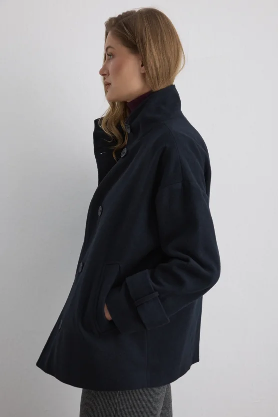 High Collar Wool Coat Navy - Gusto