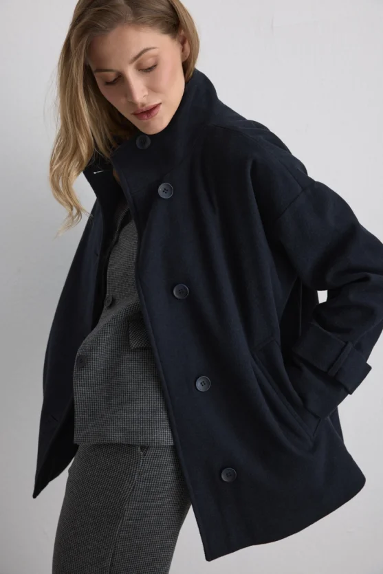 High Collar Wool Coat Navy - Gusto