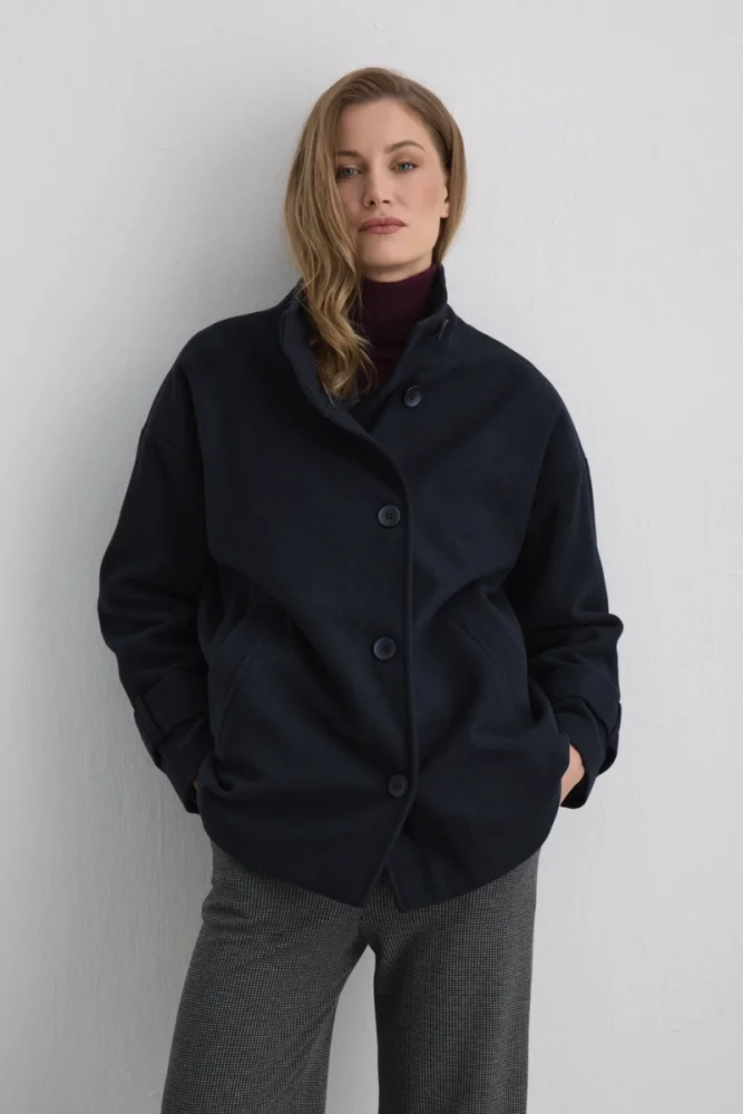 High Collar Wool Coat Navy