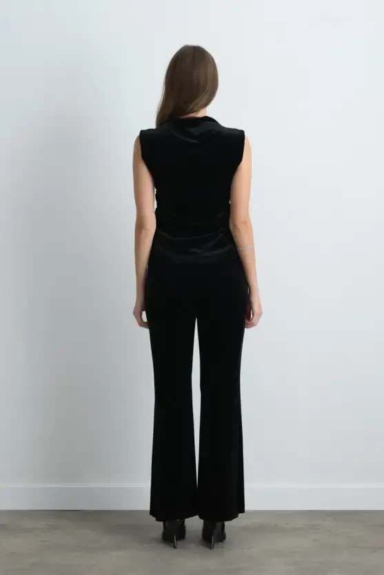 High Neck Gathered Velvet Blouse - Black - Gusto