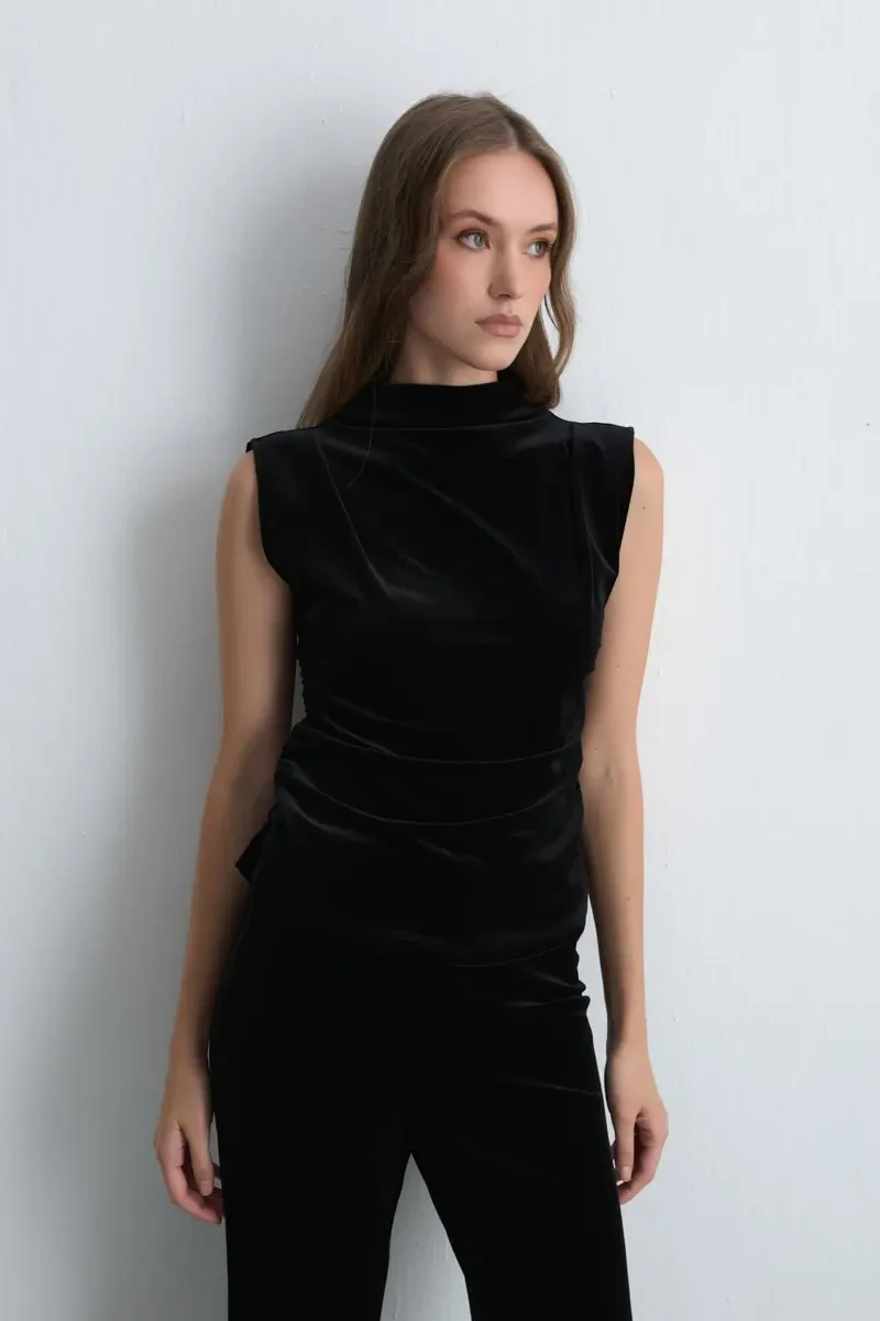 High Neck Gathered Velvet Blouse - Black - 2
