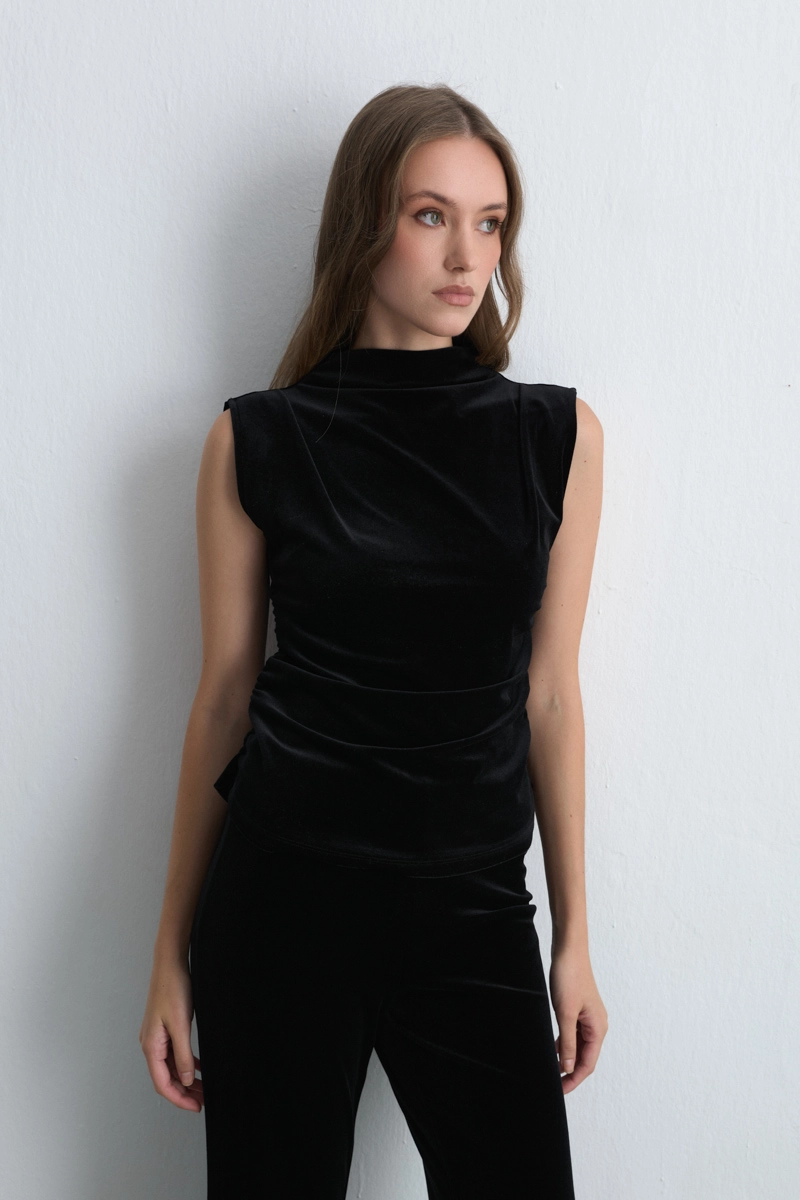 High Neck Gathered Velvet Blouse Black - Gusto