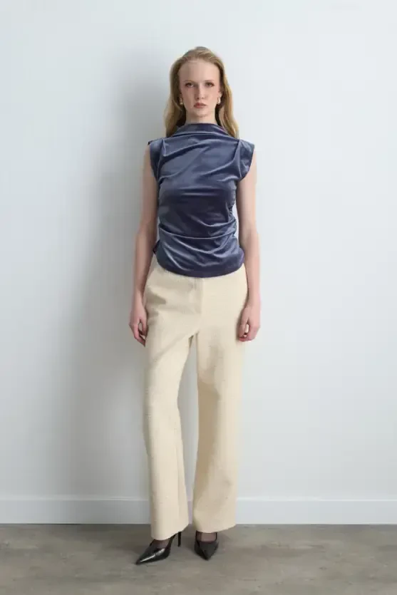 High Neck Gathered Velvet Blouse - Gray - 3