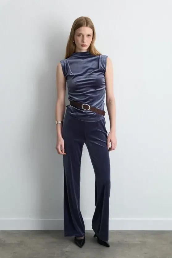 High Neck Gathered Velvet Blouse - Gray - 2