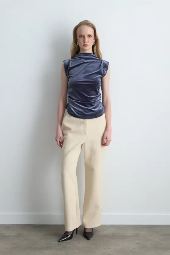 High Neck Gathered Velvet Blouse Gray - 3