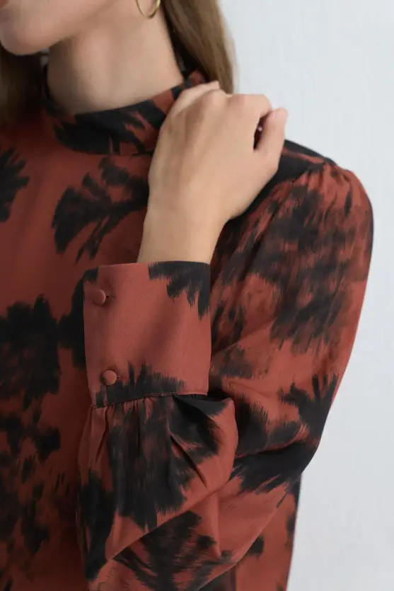High Neck Patterned Viscose Blouse - Terracotta - 5