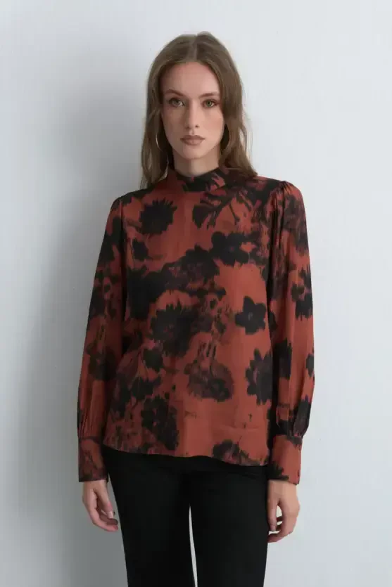 High Neck Patterned Viscose Blouse - Terracotta - 2