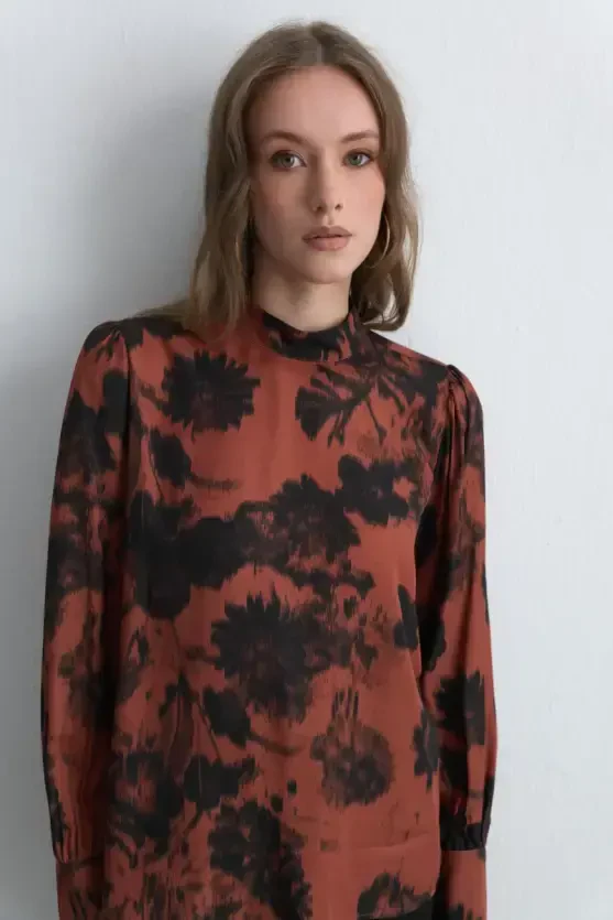 High Neck Patterned Viscose Blouse - Terracotta - Gusto