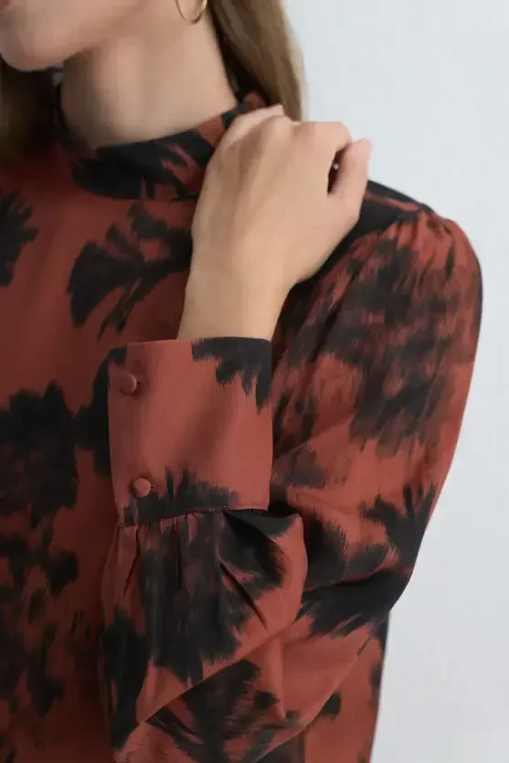 High Neck Patterned Viscose Blouse - Terracotta - Gusto