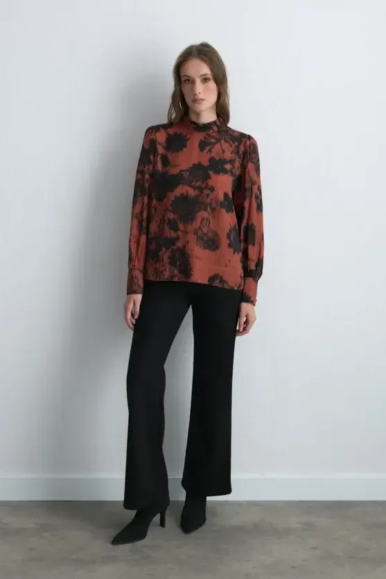 High Neck Patterned Viscose Blouse - Terracotta - 1