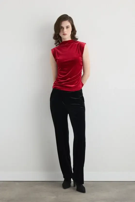 High Neck Ruched Velvet Blouse - Red - Gusto