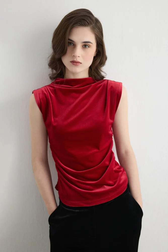 High Neck Ruched Velvet Blouse Red