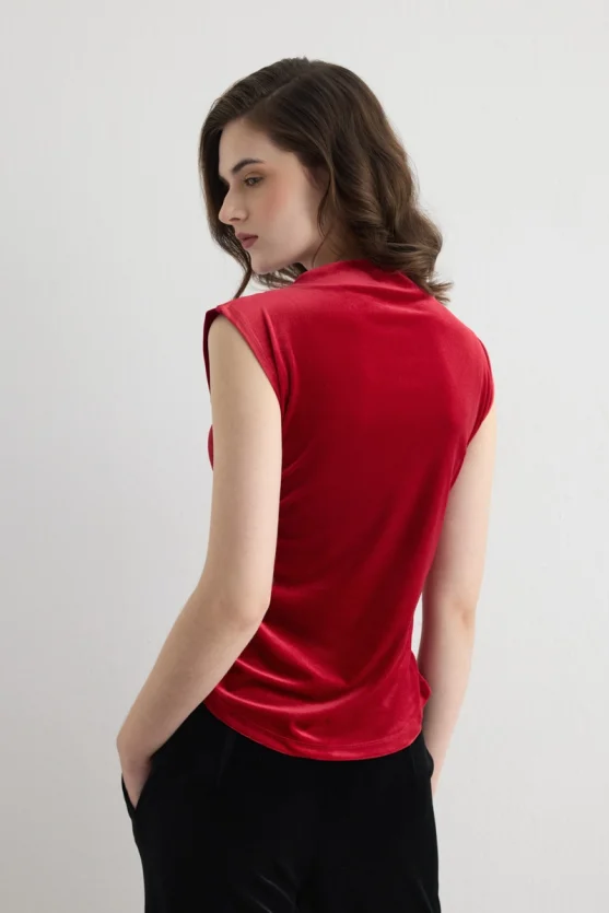 High Neck Ruched Velvet Blouse Red - 6