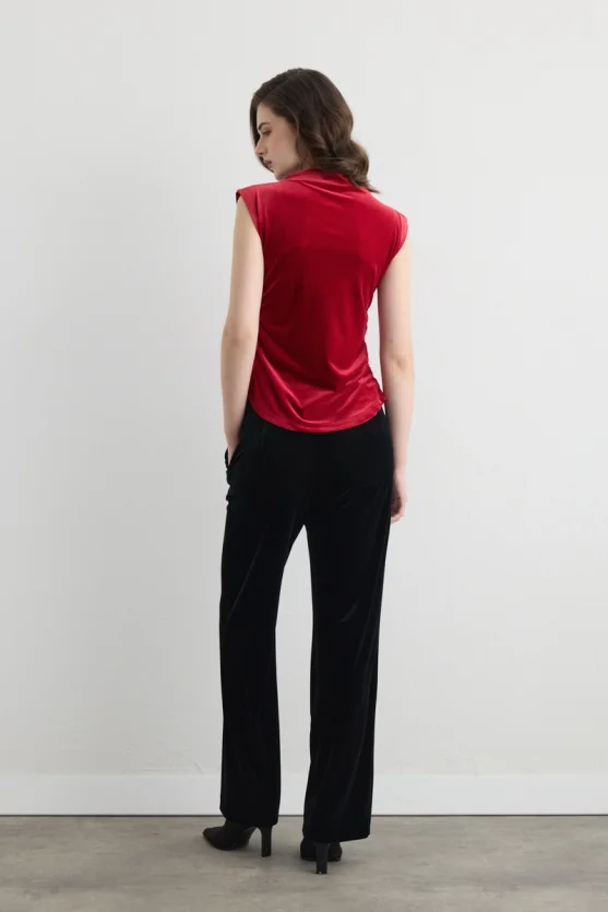 High Neck Ruched Velvet Blouse Red - 7