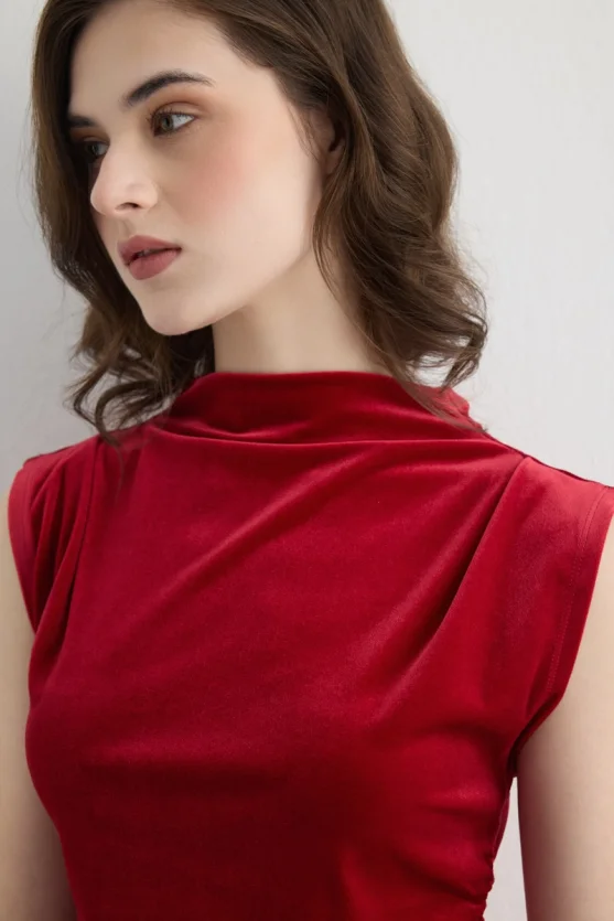 High Neck Ruched Velvet Blouse Red - Gusto