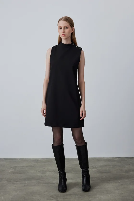 High Neck Sleeveless Pinafore Dress - Black - 2