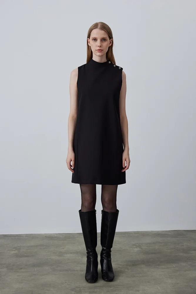 High Neck Sleeveless Pinafore Dress - Black Black