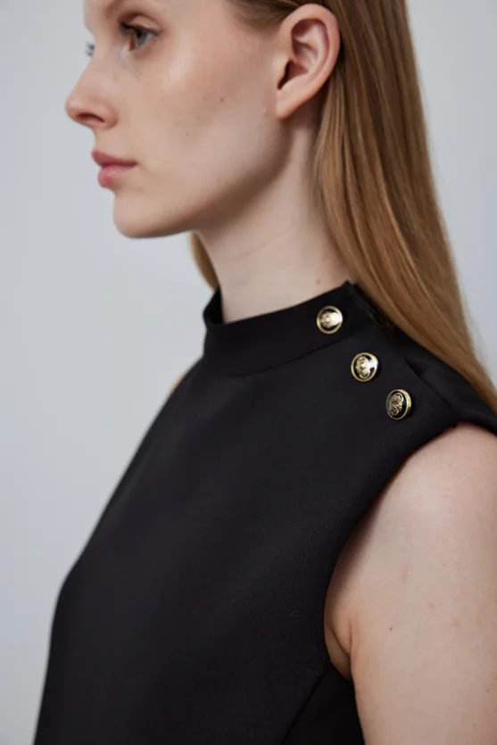 High Neck Sleeveless Pinafore Dress - Black - Gusto