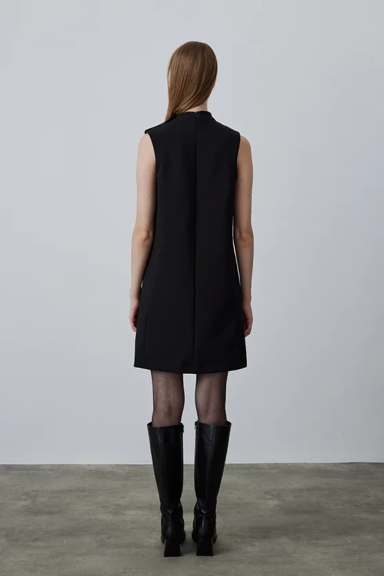High Neck Sleeveless Pinafore Dress - Black - Gusto