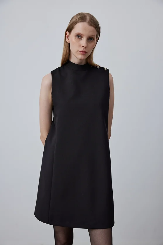 High Neck Sleeveless Pinafore Dress - Black - Gusto