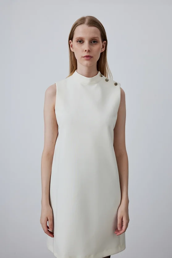 High Neck Sleeveless Pinafore Dress - Ecru - Gusto