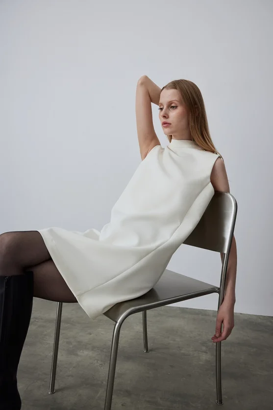 High Neck Sleeveless Pinafore Dress - Ecru - Gusto