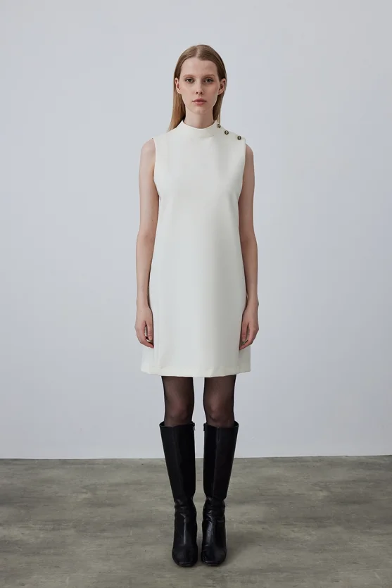 High Neck Sleeveless Pinafore Dress - Ecru - Gusto