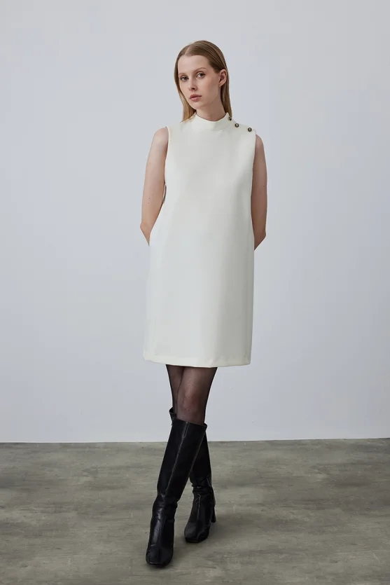 High Neck Sleeveless Pinafore Dress - Ecru - Gusto