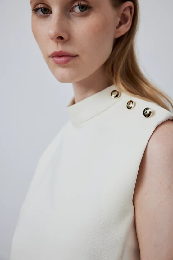 High Neck Sleeveless Pinafore Dress - Ecru - 4