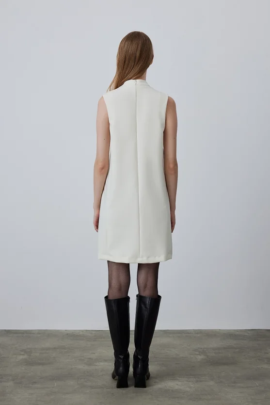 High Neck Sleeveless Pinafore Dress - Ecru - 5