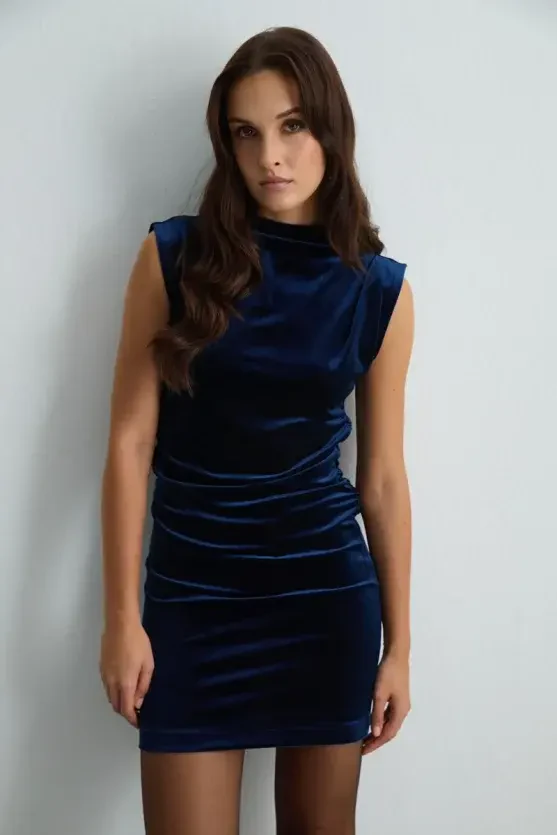 High-Neck Sleeveless Velvet Mini Dress - Navy Blue - Gusto