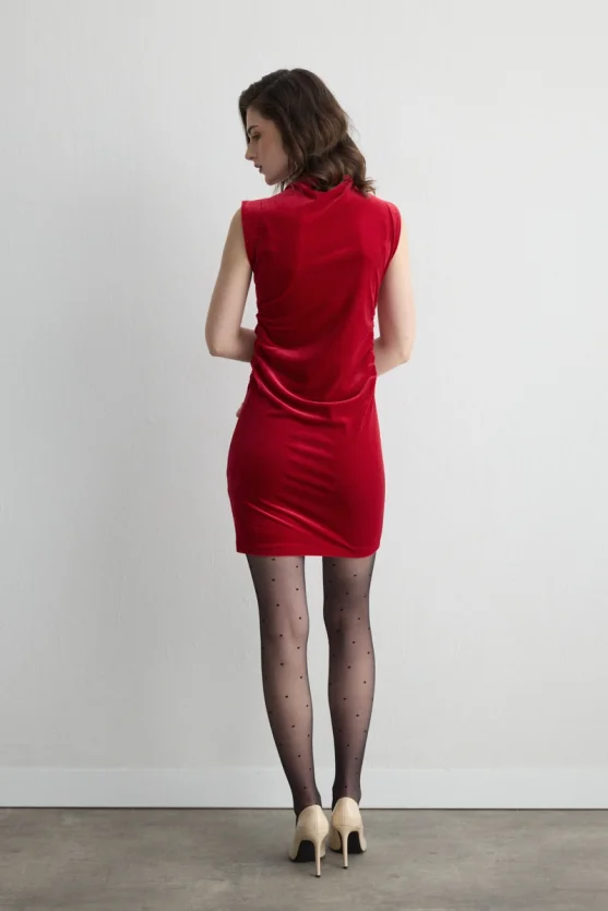 High Neck Sleeveless Velvet Mini Dress - Red - 8