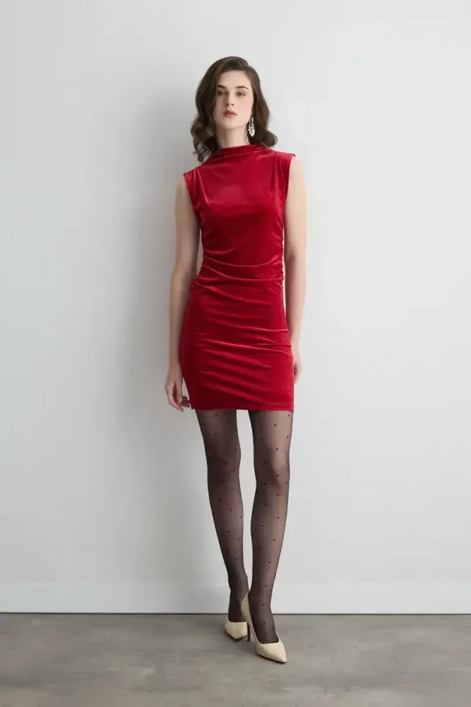 High Neck Sleeveless Velvet Mini Dress - Red Red