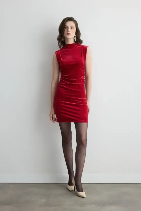 High Neck Sleeveless Velvet Mini Dress - Red - 1