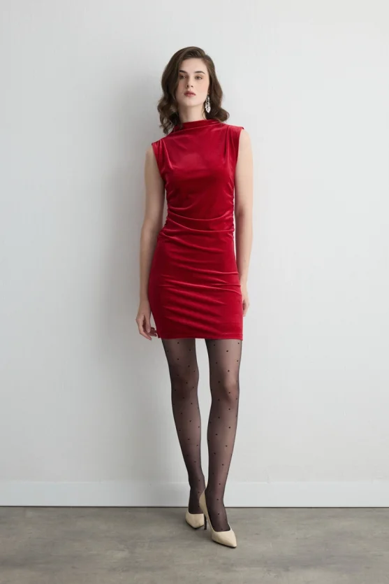 High Neck Sleeveless Velvet Mini Dress Red - Gusto