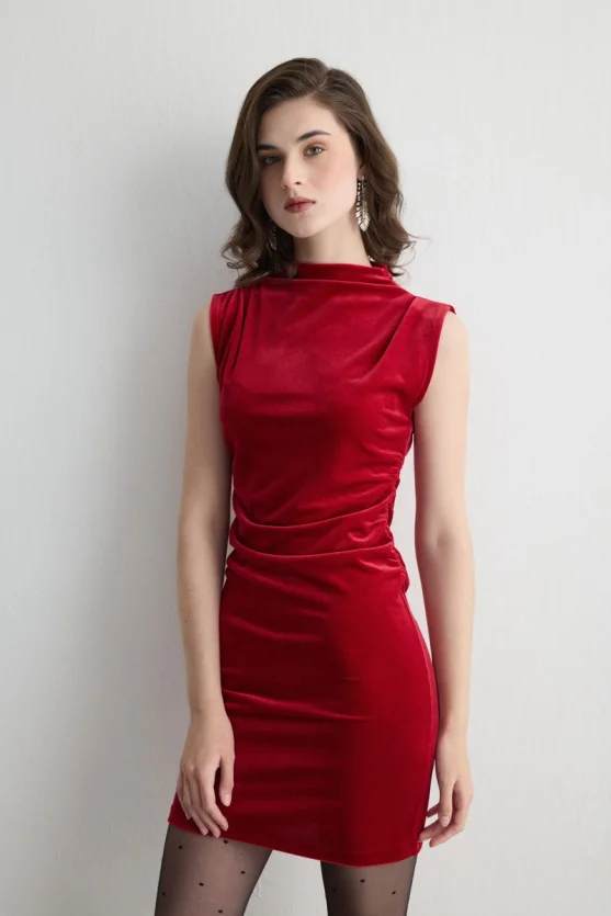 High Neck Sleeveless Velvet Mini Dress Red - 6