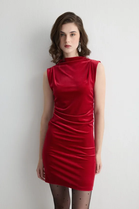 High Neck Sleeveless Velvet Mini Dress Red - Gusto