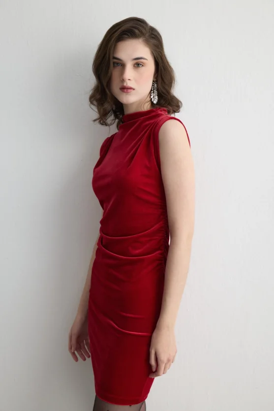 High Neck Sleeveless Velvet Mini Dress Red - Gusto