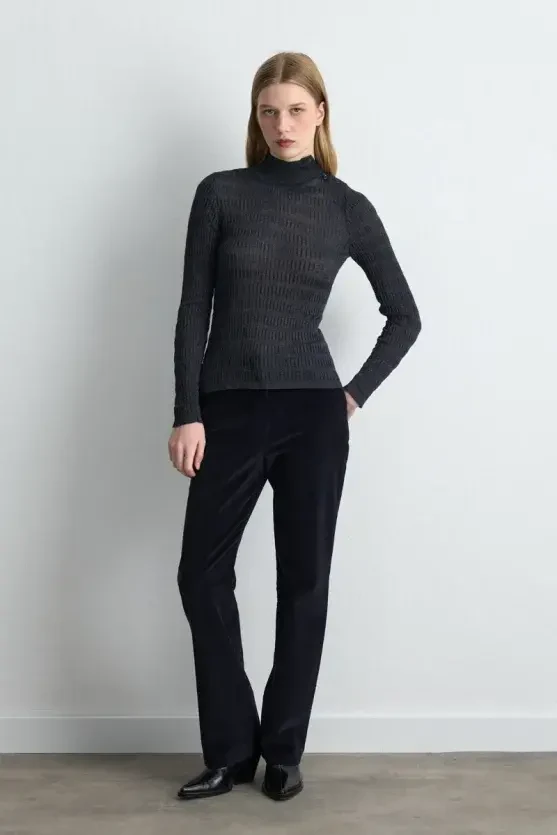 High Neck Textured Knit Blouse - Navy Blue - Gusto