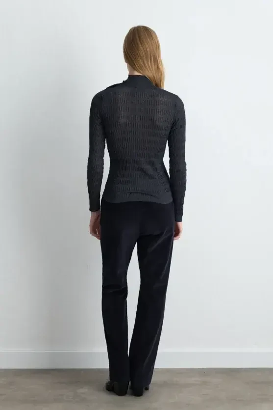 High Neck Textured Knit Blouse - Navy Blue - Gusto