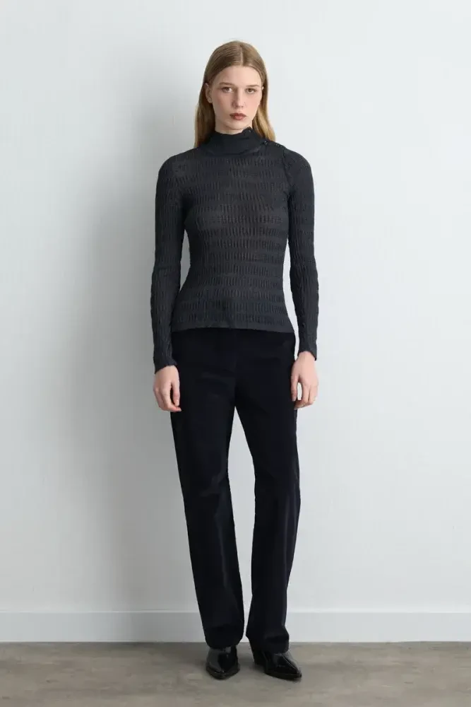 High Neck Textured Knit Blouse - Navy Blue Navy Blue